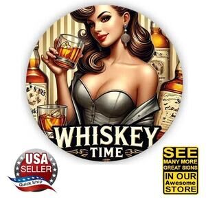 Retro 1950s Style Tin Sign • Whiskey Time •Big Boobed Brunette Pin-Up Girl •8 x8